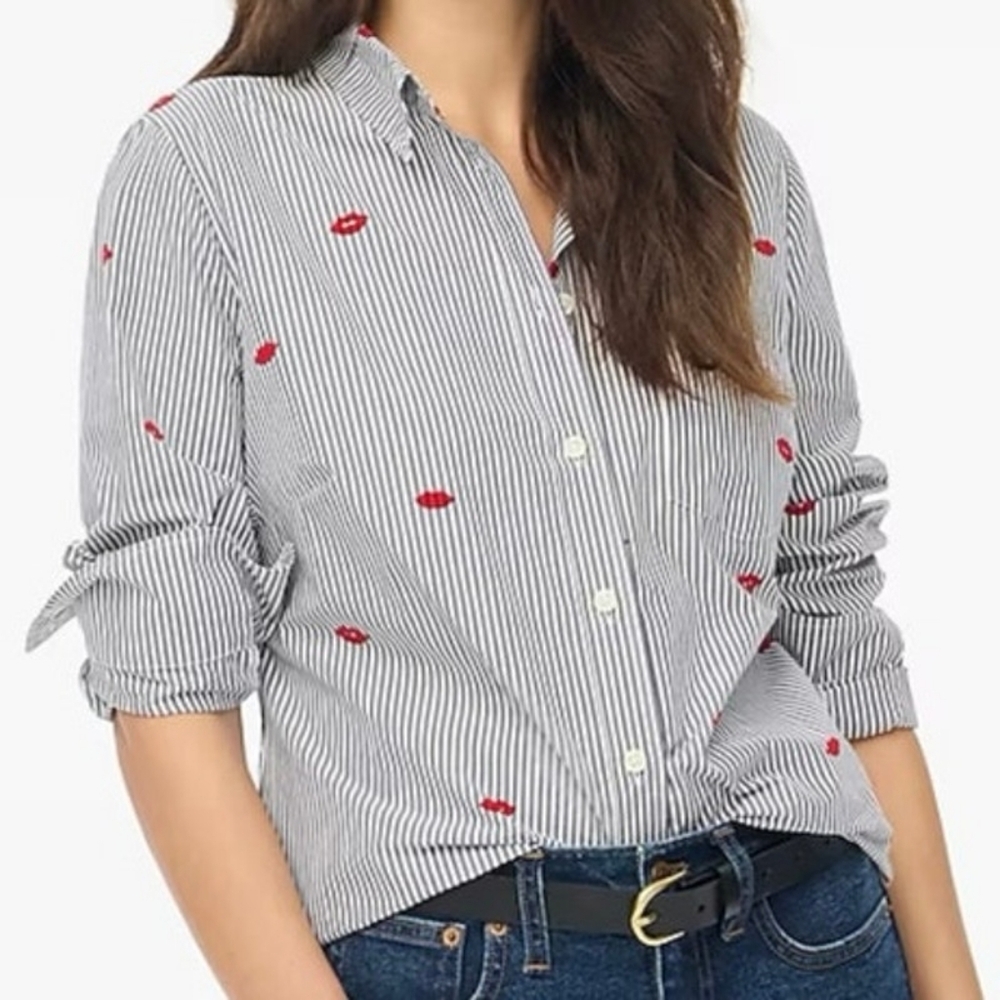 J. Crew Blue White Striped Embroidered Lips Button Front Shirt Womens Size Large